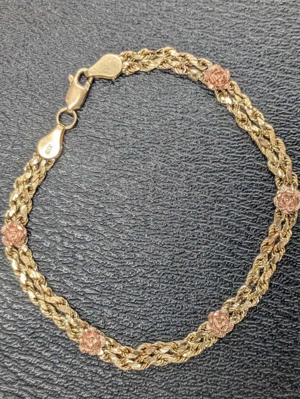 14k Yellow Gold Double Rope Bracelet With Rose Flower Details Women's 7.5" - Picture 2 of 16